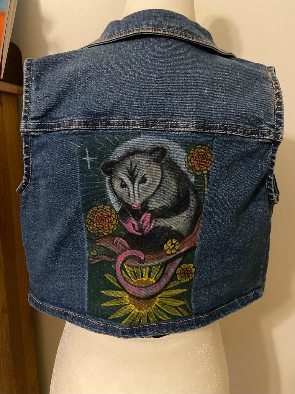 Guess Denim Vest with Pink, Yellow & Black Opossum Artwork